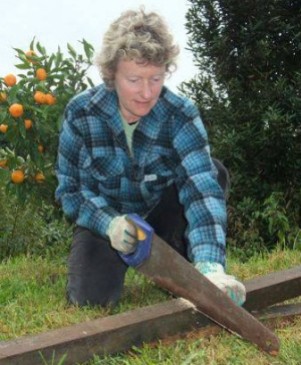 Blitz#8, Trish cut timber stakes for compost cages